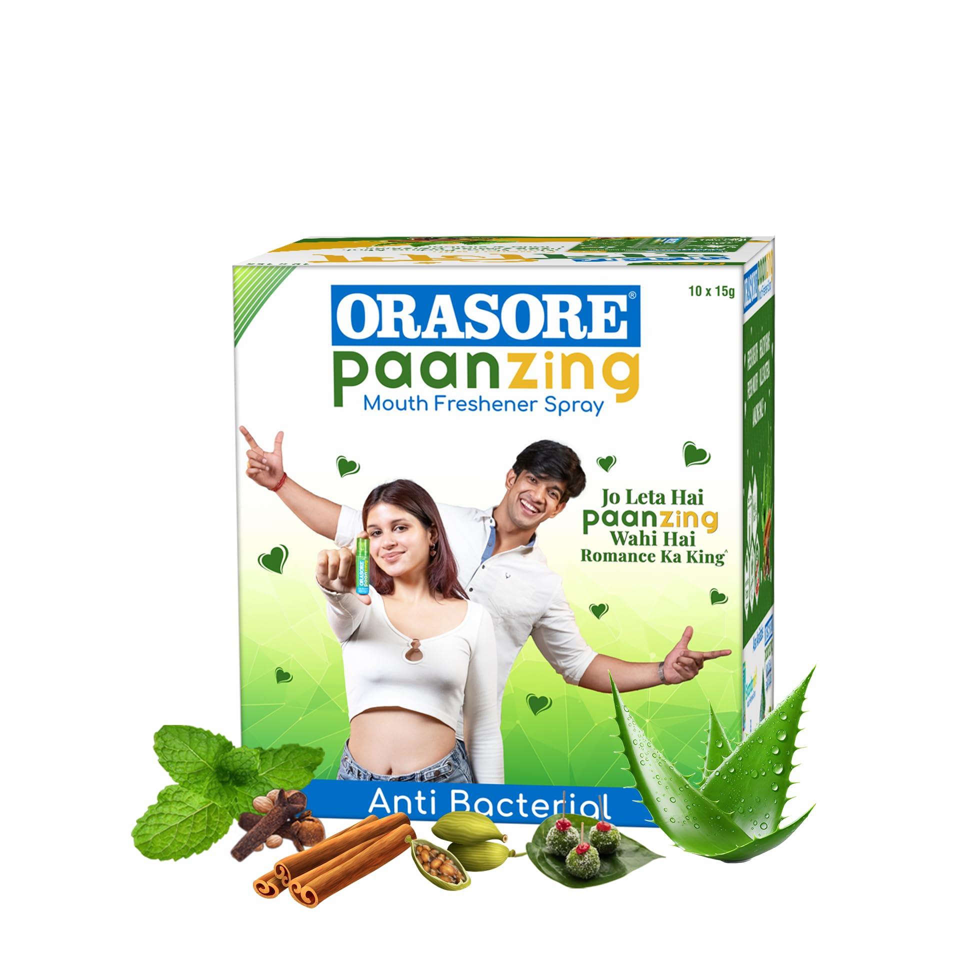 ORASORE PaanZing Instant Mouth Freshener Spray by Orasore | Paan, Aloe Vera, Pudina, Peppermint, Cinnamon, Clove & Elaichi | Anti Bacterial & Long Lasting, Germ-free Blend (Pack of 10)