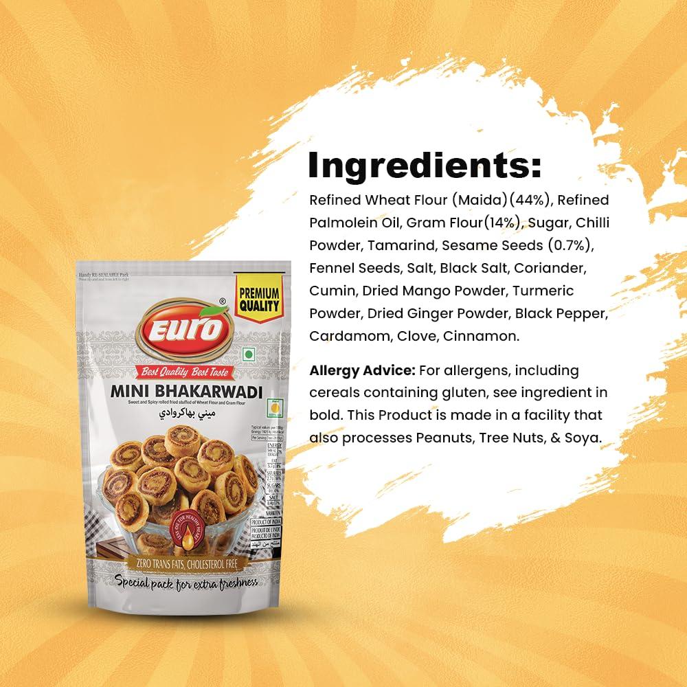 EURO Euro Delights: Mini Bhakarwadi - 350gm Pack of 3 | Sweet and Spicy Rolled Fried Stuffed of Wheat Flour and Gram Flour | Chai Time Snack | Ready to Eat Bhakarwadi Snacks | Indian Namkeen Snacks