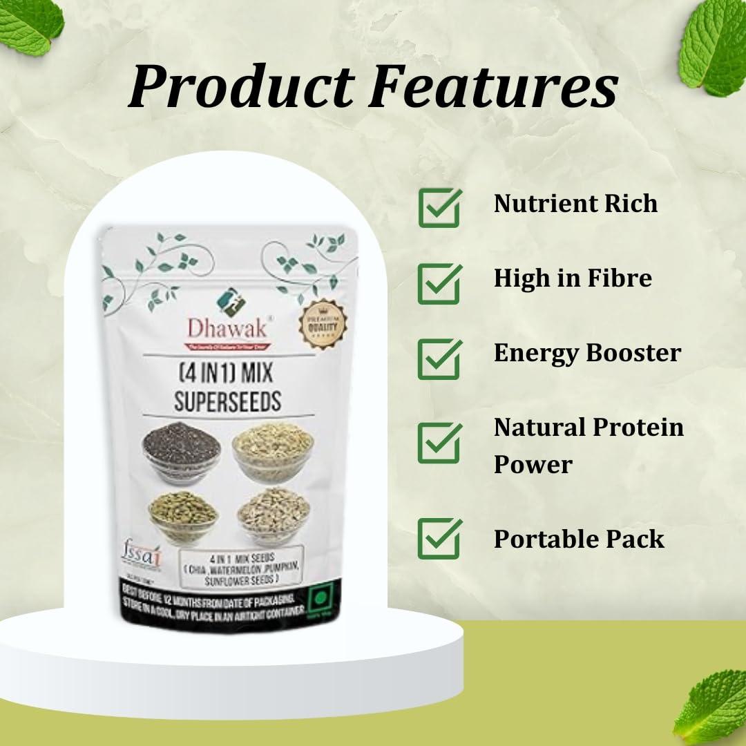 DHAWAK DHAWAK Raw Seeds Mix for Eating - 1kg -Chia, Sunflower, Pumpkin & Watermelon (250g x 4 Pack) (Super Saver Combo) (1KG. (250 x 4))