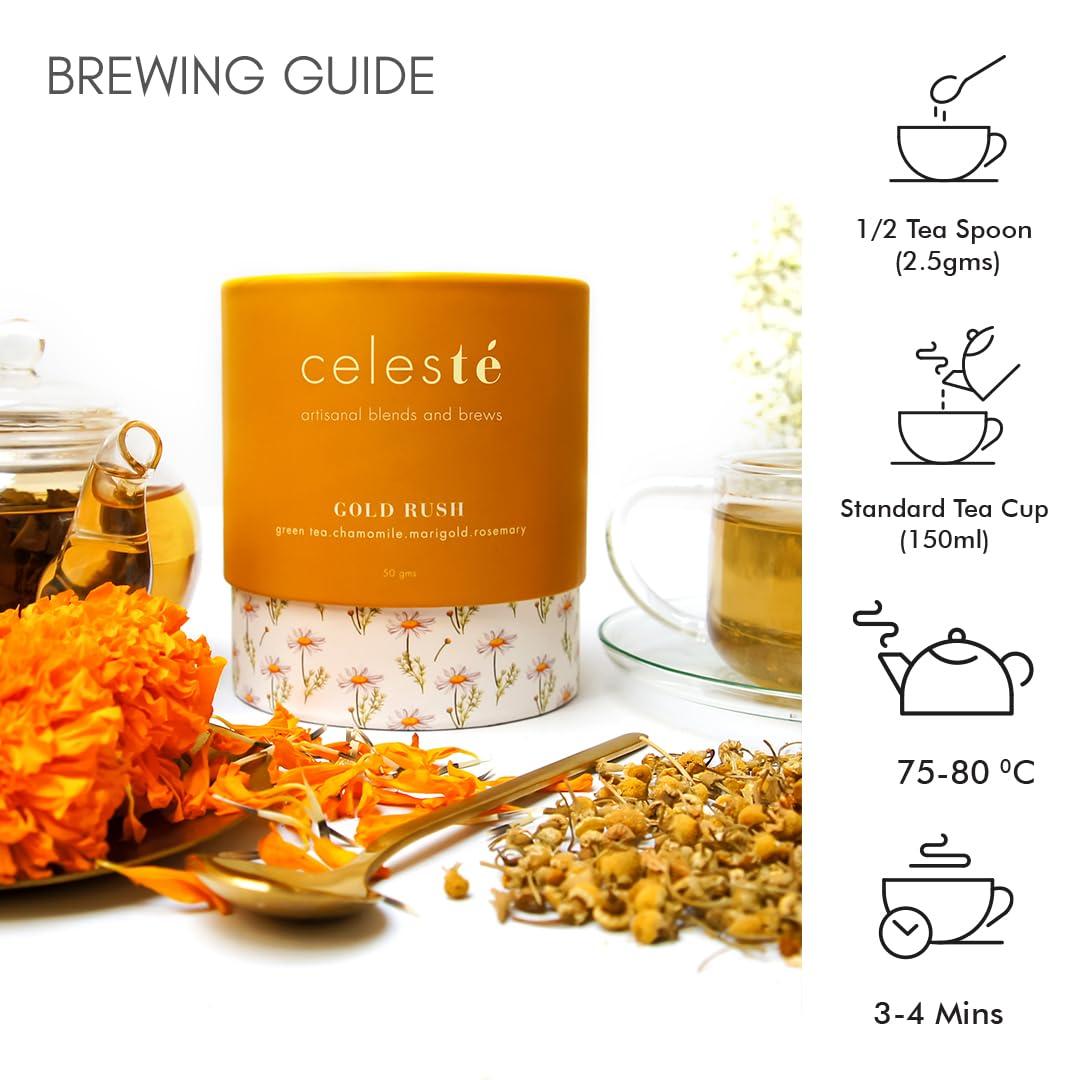 Celeste Celeste Green Tea GOLD RUSH  Premium Whole Leaf, 100% Natural Ingredients Chamomile, Marigold, Rosemary and Green Tea, 50gm - 20 Cups
