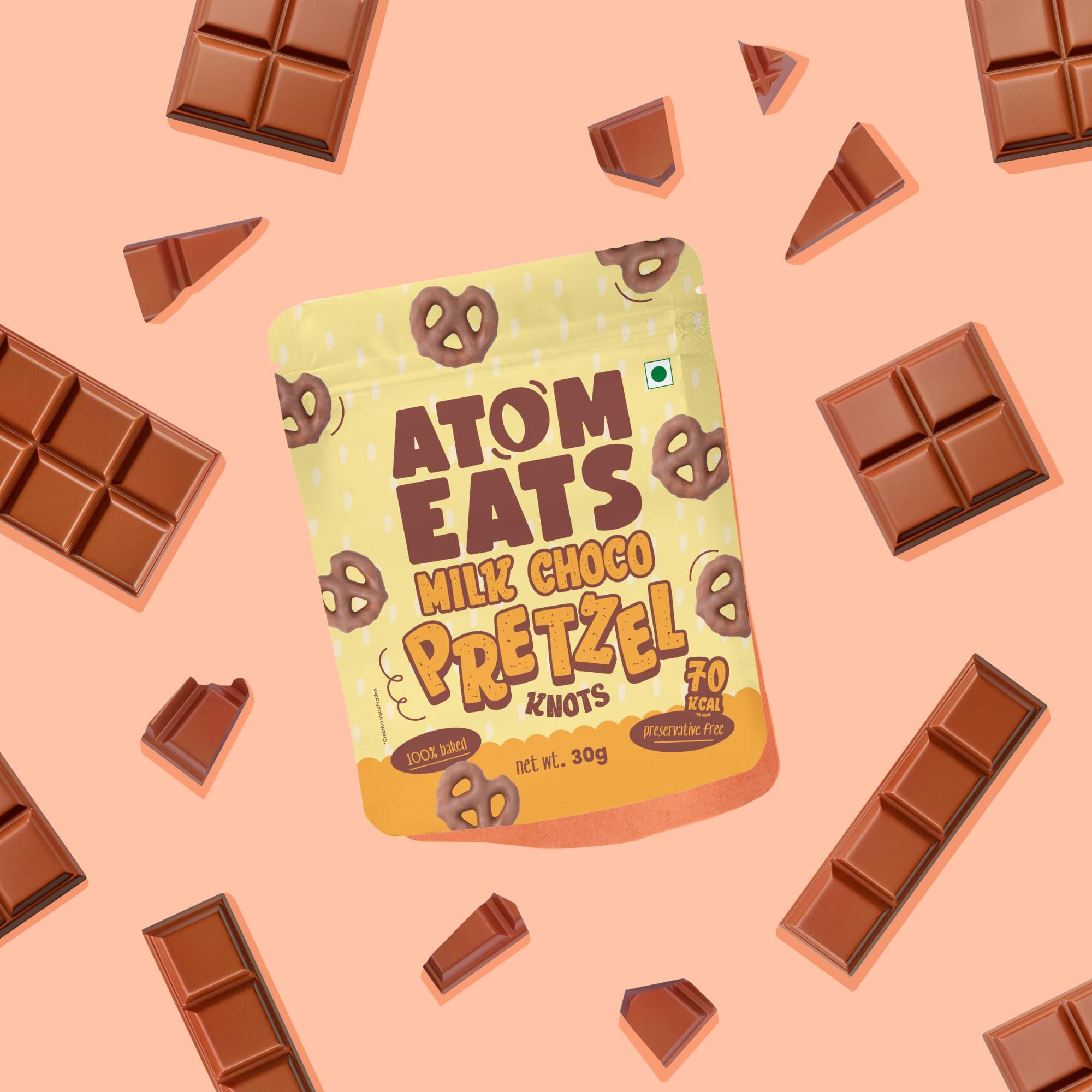 Atom Eats Atom Eats | Milk Choco Dipped Pretzels: Choco Dipped Mini Salted Pretzel Knots 100g - Rich Milk Chocolate - Perfect Snacks for Sharing, Parties - Imported Chocolates, Versatile Delight