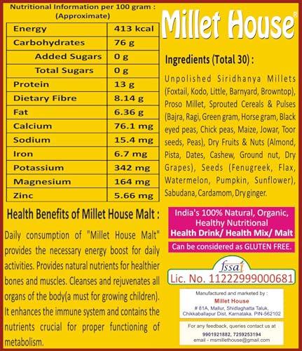 Millet House Millet House Sprouted Siridhanya Millets Malt | 30 Natural Ingredients | 100% Healthy Chemical Free Natural Certified Millet Drink | Traditional Millets Organic Mix (1kg) (500g x 2packs)