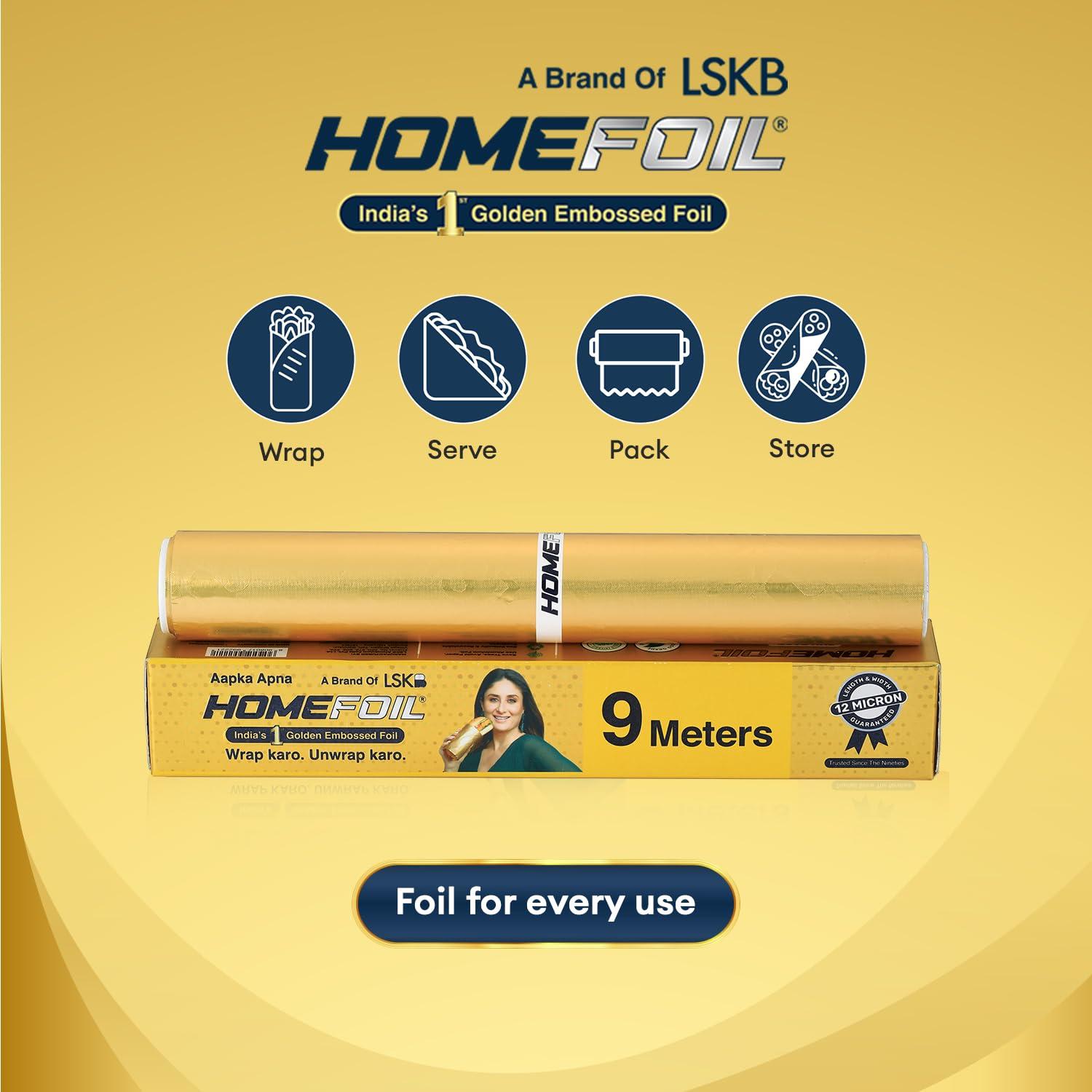 Homefoil HOMEFOIL 9 Meter Golden Embossed Aluminium Foil | 12 Micron Thickness | Premium Quality | Keeps Food Fresh Always | Perfect for Food Wrapping, Packing, Storing and Serving (Pack of 1)