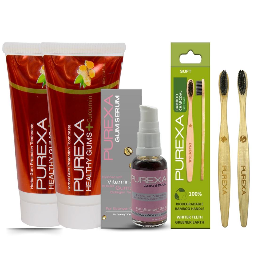 PUREXA Purexa Healthy Gums Toothpaste & Gum Serum With Two Bamboo Toothbrush | for puffy, swollen and Bleeding Gums and Daily Gum Protection with Walnut, Almond, Tumbru, and Babool for Men & Women