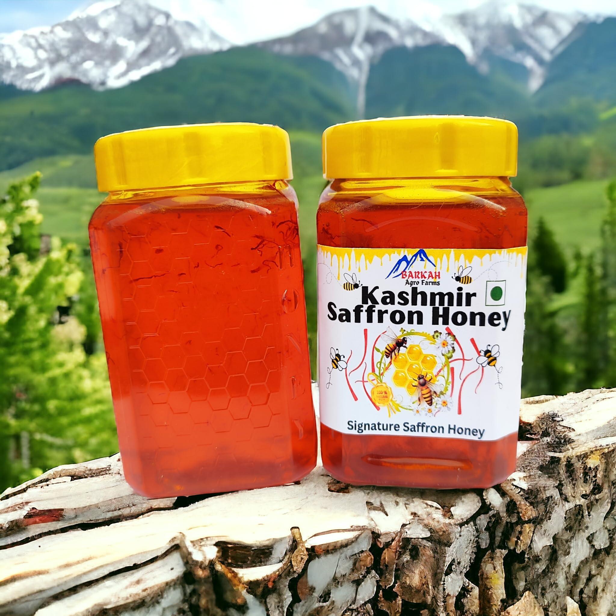 Barkah Saffron Kashmiri Honey - Kashmiri Kesar Honey 1 Kg - Kashmiri Saffron Honey - Kashmiri Kesar Honey - Honey from Kashmir (500gx2) - Natural Kashmiri Saffron Honey 1 Kg