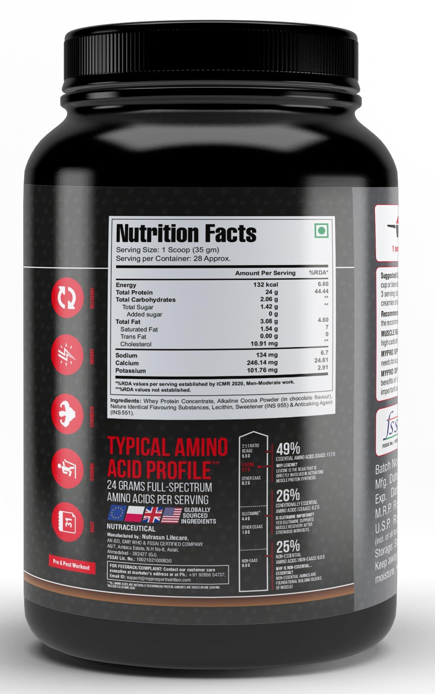 Mypro Sport Nutrition Mypro Sport Nutrition 100% Whey Protein Concentrate (24g Protein, 0g Sugar,5.5G BCAA,) Belgium Chocolate Flavor For Men And Women (1000 gm)