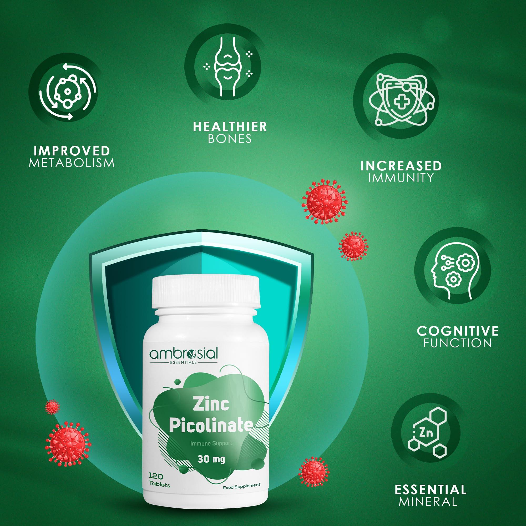 AMBROSIAL Ambrosial Zinc Picolinate 30mg, High Strength Zinc Supplements, Best Tablet for Immune Support, Bones, Hair, Skin, Nails, Supplement for Men & Women, Pack of 1-120 Tablets