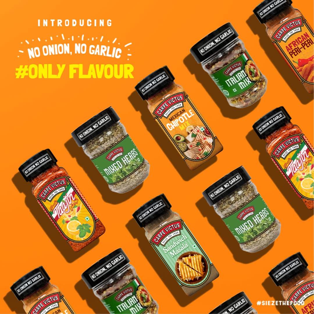 CARPE VICTUS CARPE VICTUS No onion No Garlic Jain Seasonings Mixed Herbs, Sandwich Masala, Taajin, Mexican Chipotle, Peri Peri, Franike Masala, Italian mix, Spice Combo pack of 7