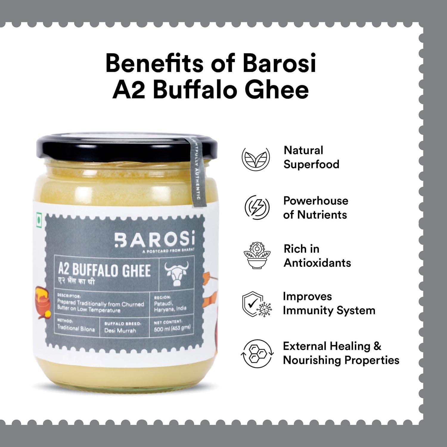 Barosi Barosi Premium Buffalo Ghee 1 Litre (Combo Pack of 2 * 500ml) | Vedic Bilona Method | Churned from Curd | Pure & Natural | Farm Made in Small Batches | Glass Jar Packing