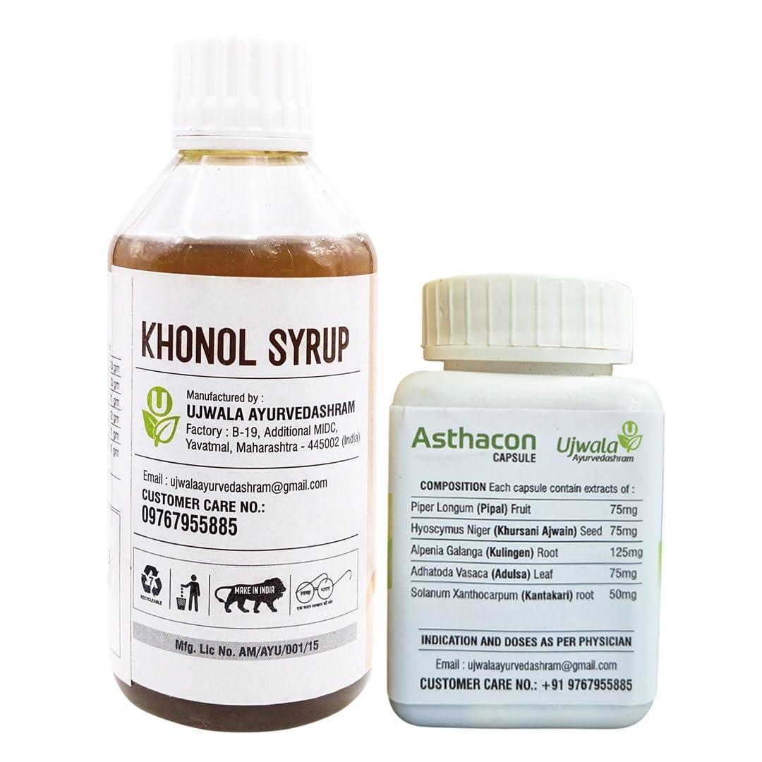 Ujwala Ayurvedashram Ujwala Ayurvedashram Asthacon Capsule And Khonol Syrup Combi Kit For Asthama, Dry Cough, Whopping Cough And Cold, Bronchities And Shortness In Breath