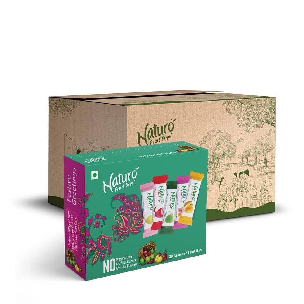Naturo Naturo Assorted Jumbo Gift Box (Green) | Pack of 8 Gift Boxes (40 Fruit Bars per box) | Mango + Apple + Guava + Raw Mango + Mixed Fruit | No Preservatives, Artificial Colour or Flavours