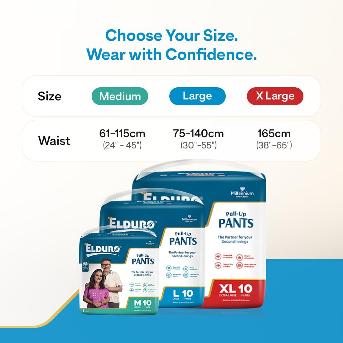 ELDURO ELDURO Adult Diaper Medium Size | 61-115 cm (24\" - 45\") | Pant Style, Adult Diapers, Adult Diaper Pants, Adult Diapers M Size, Unisex, Leakproof, 14hr Overnight Protection - Pack of 1 (10 counts)