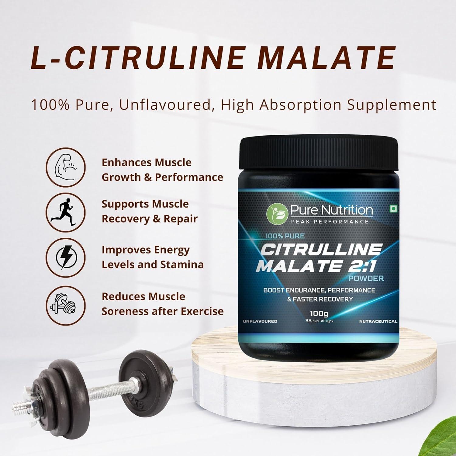 Pure Nutrition Naturals Pure nutrition 100% Pure L Citrulline DL Malate 2:1 Powder (Unflavoured, 100g), 66 servings | Boost Endurance, Improve Performance, Faster Recovery & Reduce Muscle Fatigue.