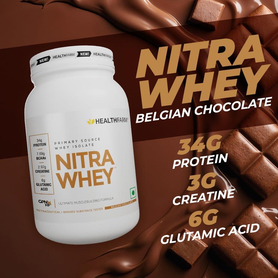 HEALTHFARM Healthfarm Nitra Whey Protein | 34g Protein Per Serving & 3g Added Creatine | Blend of Isolate & Concentrate Protein (Belgian Chocolate, 1kg)