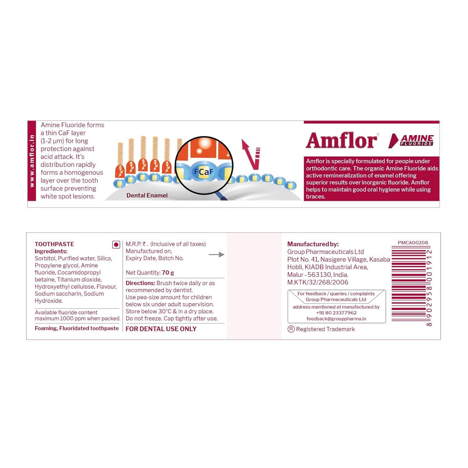 AMFLOR Amflor Toothpaste for Braces | Prevents Cavities & White Spot Lesions | Organic Amine Fluoride for Enamel Remineralization| Mint Flavour Orthodontic Toothpaste | Pack of 4 (70 g per pack)