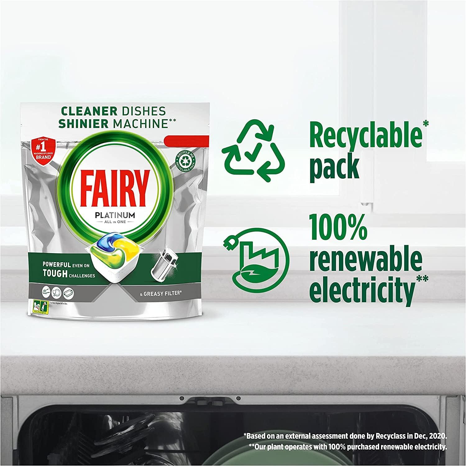 FAIRY Fairy Platinum Plus All-In-1 Dishwasher Tablets Bulk, 74 Tablets, Lemon, With Greasy Filter & Rinse Aid Action, Packaging may vary