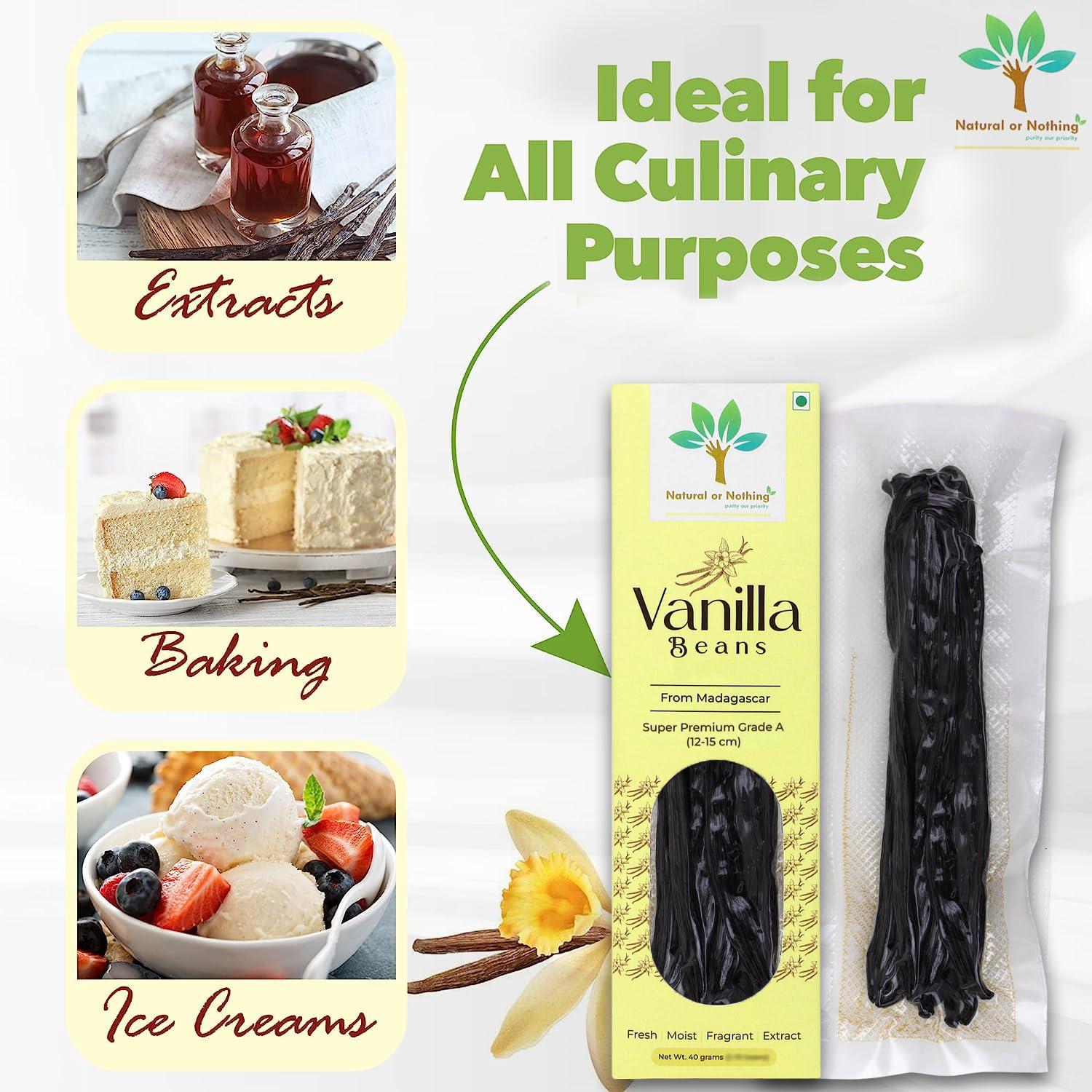 Natural or Nothing Gourmet Vanilla Beans from Madagascar | 40 Grams (16-18 Beans) | Super Premium Grade A (12-15 cm) Pods | Sticks | For Baking, Extract, Cooking, Ice Cream, Coffee Brew