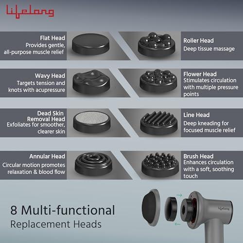 Lifelong Lifelong Wireless Manipol Hand Massager| Percussion Massage| Handheld Therapy with Variable Intensity to Relieve Pain in The Back, Neck, Shoulders & Legs| LED Display|8 Detachable Head|4000mAh Battery