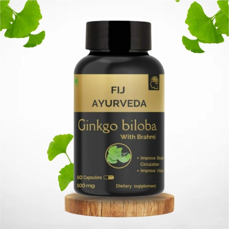 FIJ AYURVEDA FIJ AYURVEDA Ginkgo Biloba with Brahmi Extract Capsules - Supports Memory & Focus - 500mg 60 Count