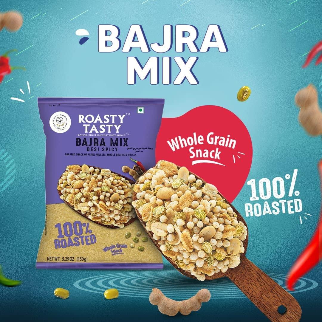 Roasty Tasty Roasty Tasty Bajra Mix Desi Spicy | Healthy Snacks - Low Calorie, Low GI, Non Fried | Millet Snacks - Made using Roasted Bajra | Cholesterol Free Diet Snacks - No Transfat | Chatpata Roasted Namkeen Combo Pack of 2 400g (200g Each)