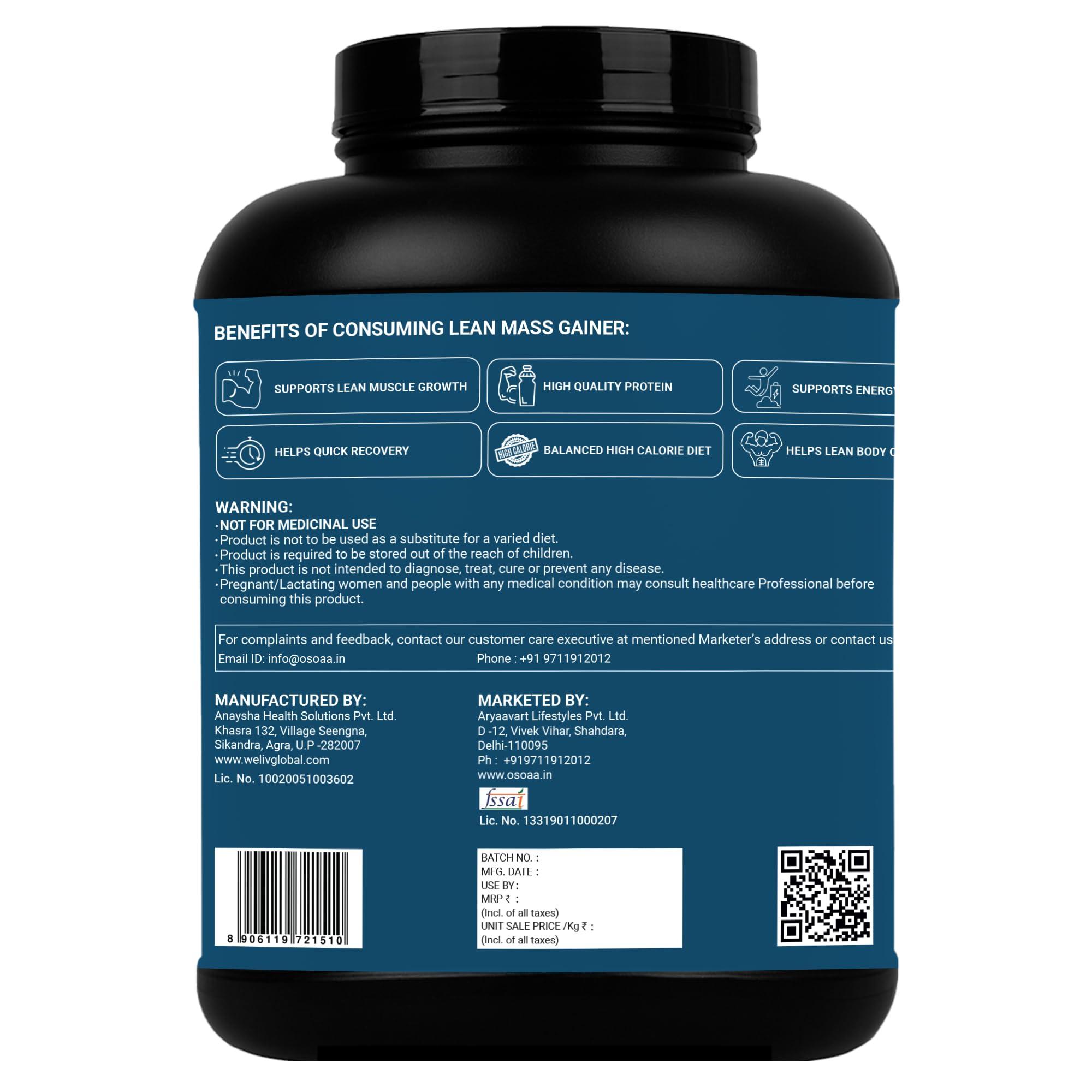 OSOAA OSOAA Lean Mass Gainer 3Kg |(Triple Chocolate) | With 3g Creatine & 21g Protein | 420 Calories & 21G Protein | Added Digestive Enzymes | 28 Added Vitamins