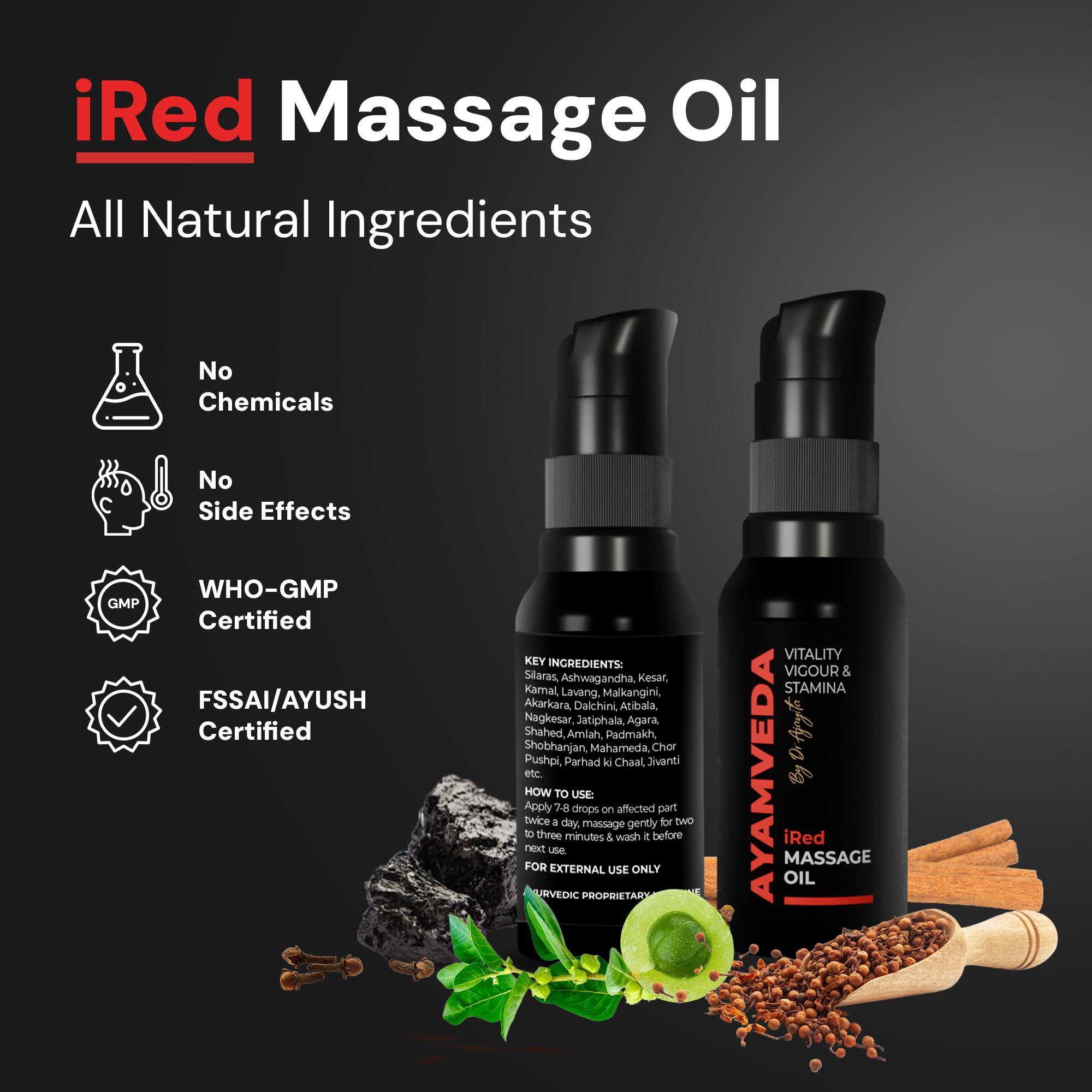 AyamVeda AyamVeda by Dr.Ajayita - iRed Massage Oil For Men with 60+ Premium herbs like Ashwagandha I Strength and Stamina Destroyer of Weakness (60 Days Pack) For External Use Only | No Side Effects