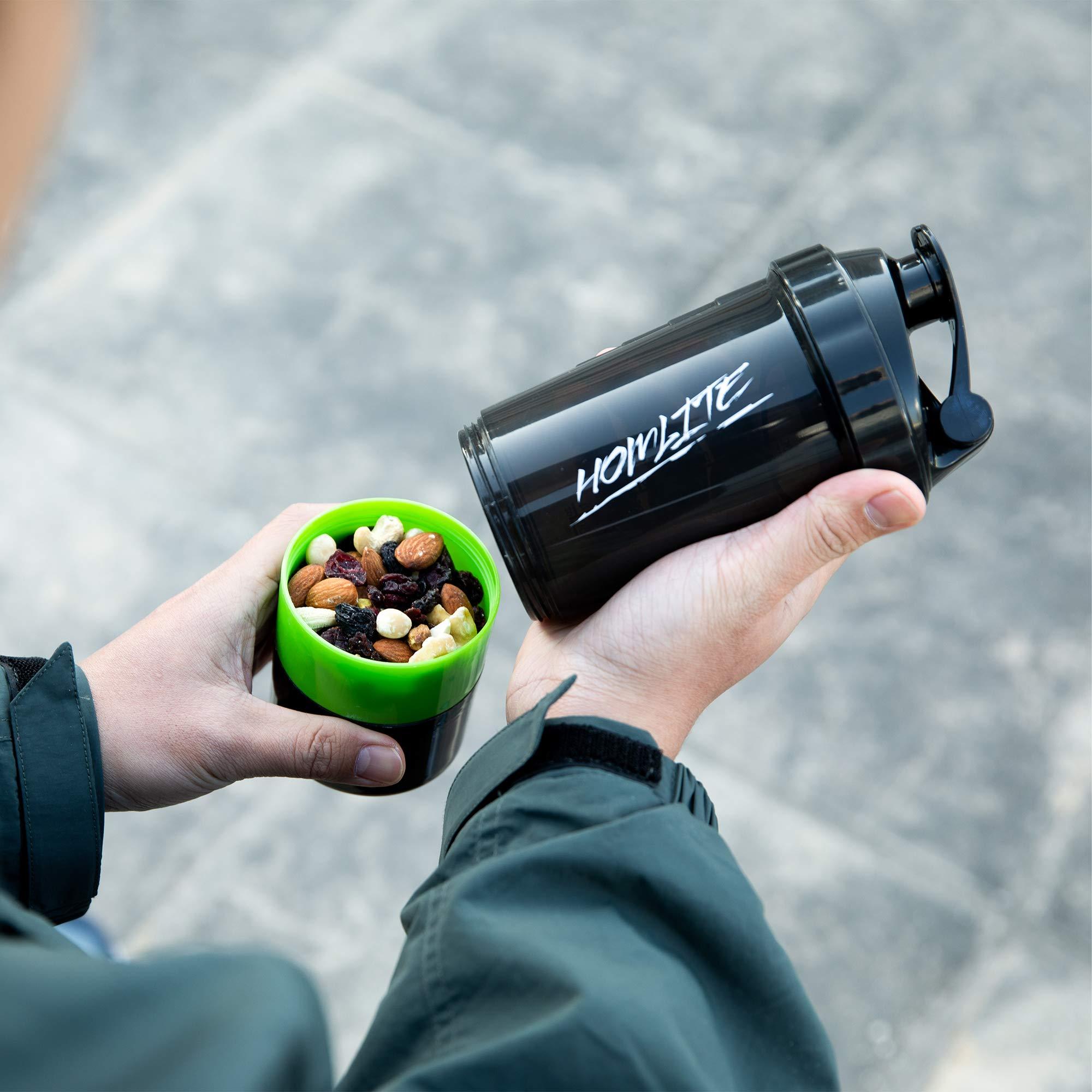 Homlite HOMLITE Protein Shaker Bottle Non-Slip 3 Layer Twist Off, Leak-Proof Blender Bottle with Supplement and Pill Storage Compartment