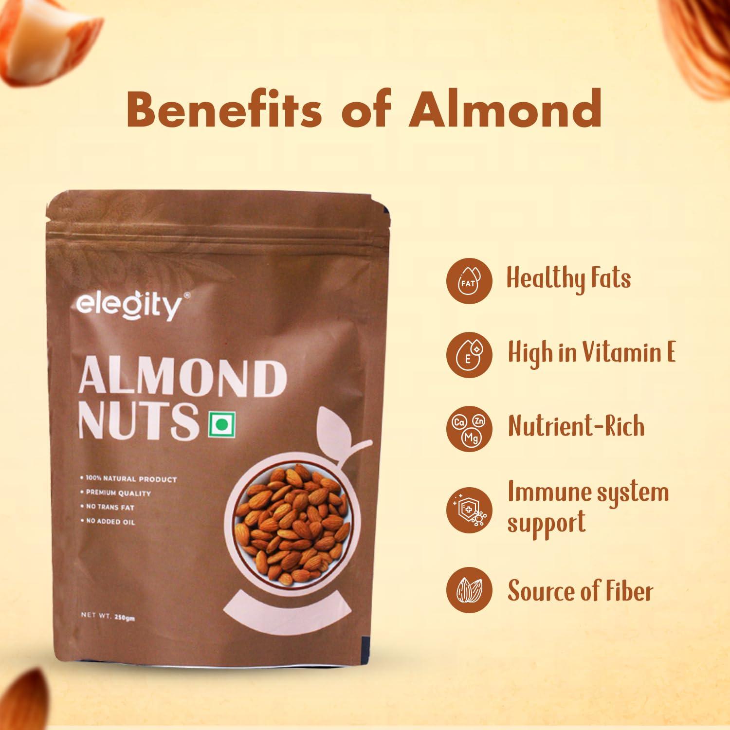 ELEGITY Elegity 100% Natural Plain California Almonds Pouch 250 gm | Nutritious & Delicious Badam | High in Fiber & Boost Immunity | Rich in Protein, Tasty Nuts | No Preservatives Added in Dry Fruit