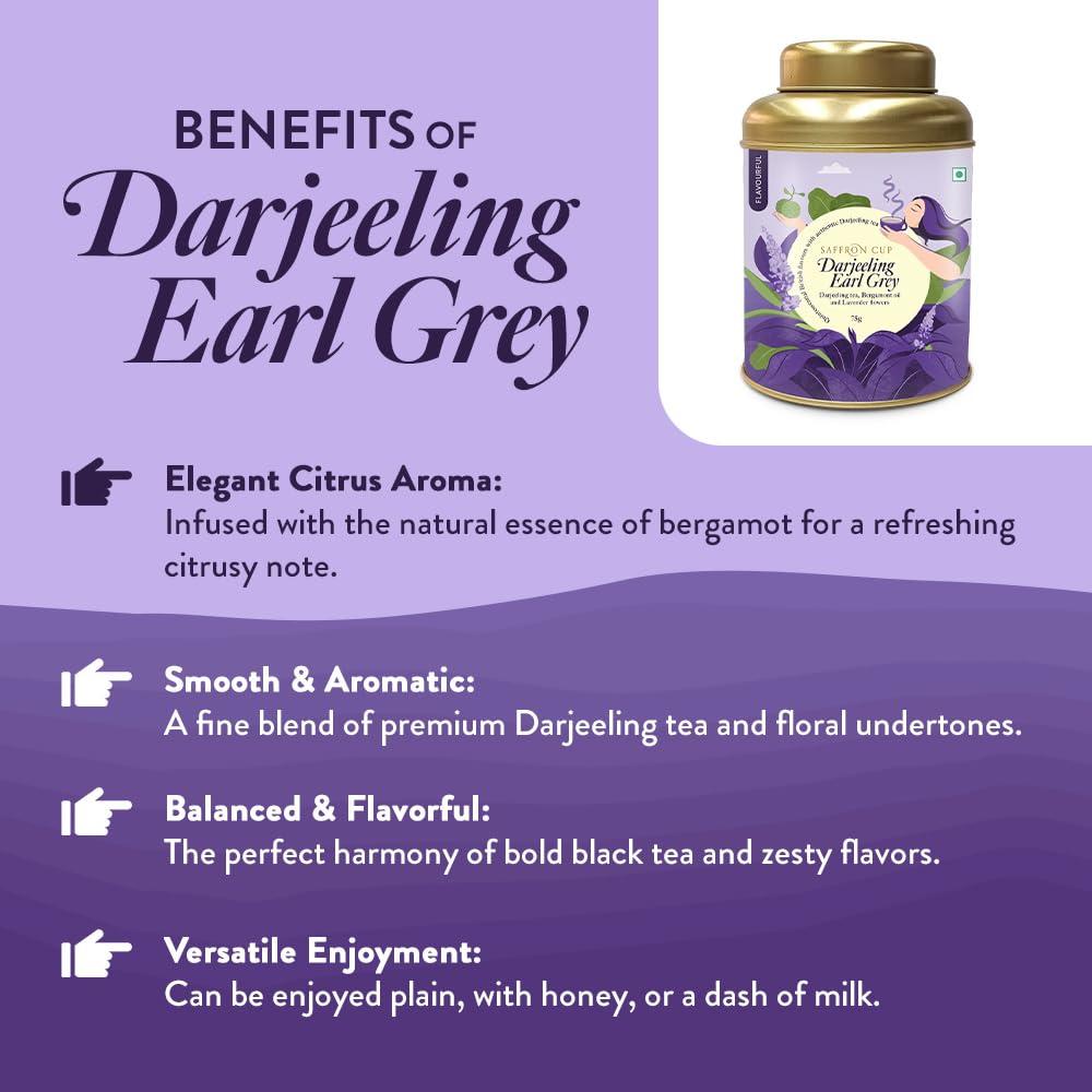 Saffron Cup Saffron Cup Darjeeling Earl Grey Black Tea | Loose Tea Leaves 100 gm | Strong Darjeeling Tea Blended with Bergamot Flavour and Lavender Flowers | Boosts Energy & Metabolism, Improves Immunity | 100% Natural Teas