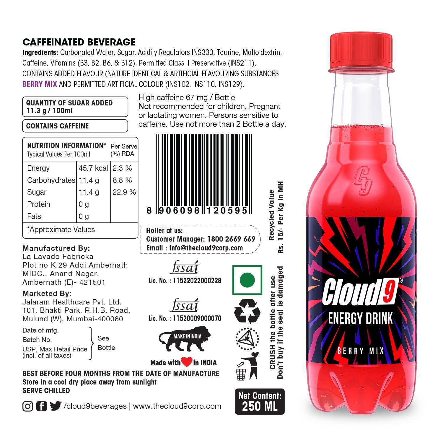 Cloud9 Cloud9 Energy Drink Berry Mix 250ml Bottle - Pack of 30 [Price Including Courier Charges]