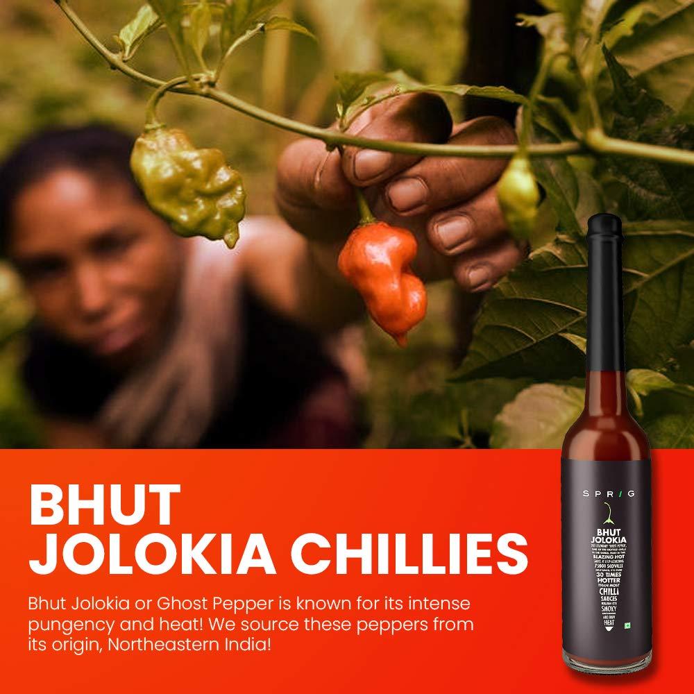 S P R I G Sprig Bhut Jolokia Sauce | Made with Worlds hottest Ghost Peppers | 75,000 SHU | Use as condiment, marinade or dip | Vegan | For veg and non-veg cuisine | Use with Pizza, Chicken Wings, Salads & Snacks | 120 gms