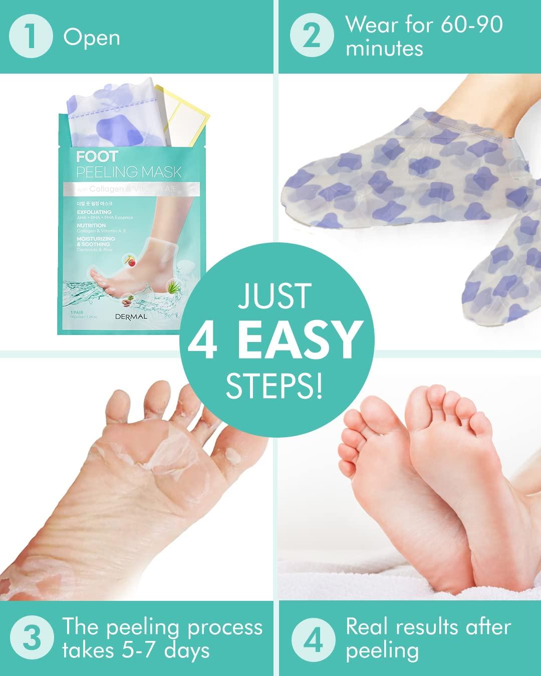 DERMAL DERMAL KOREA Foot Peeling Mask 2 Pack For Dry Foot And Cracked Heel & Callus With Aloe Vera And Collagen - Exfoliating Peel Mask With Aha, Bha, & Pha And For Moisturizing, Soothing & Refreshing Feet