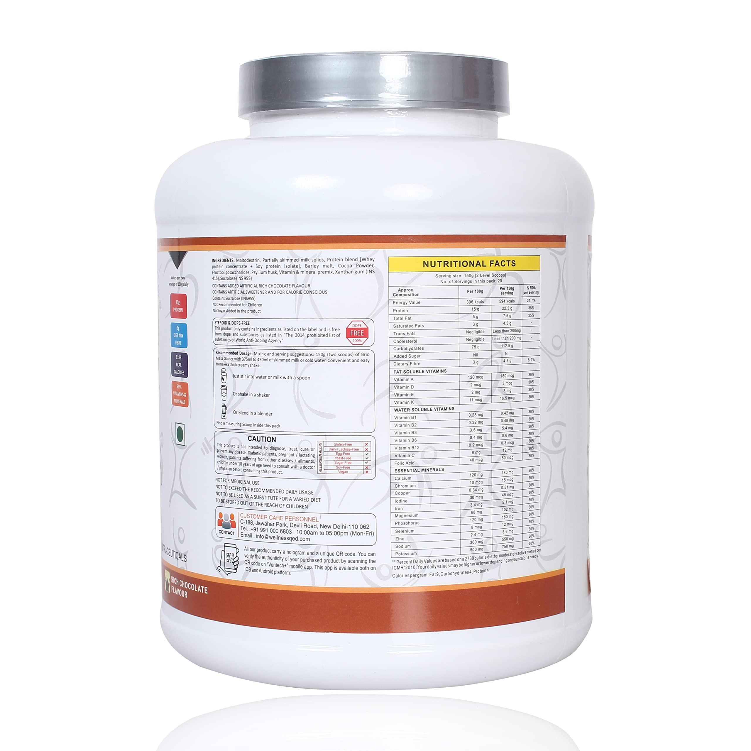 BRIO NUTRITION BRIO NUTRITION Mass Gainer - High Protein Complex Carbs Blend With Easy To Digest Formula. Chocolate Flavour - 3 Kg Pack