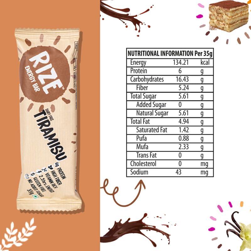 Rize RIZE Energy Bar|As Seen on Shark Tank India| 6g Protein Bar Caffeinated bars for post work out Snack, High Protein Bar with Zero added Sugar, Gluten Free Healthy Snack (Tiramisu-Pack of 6 Energy Bar)