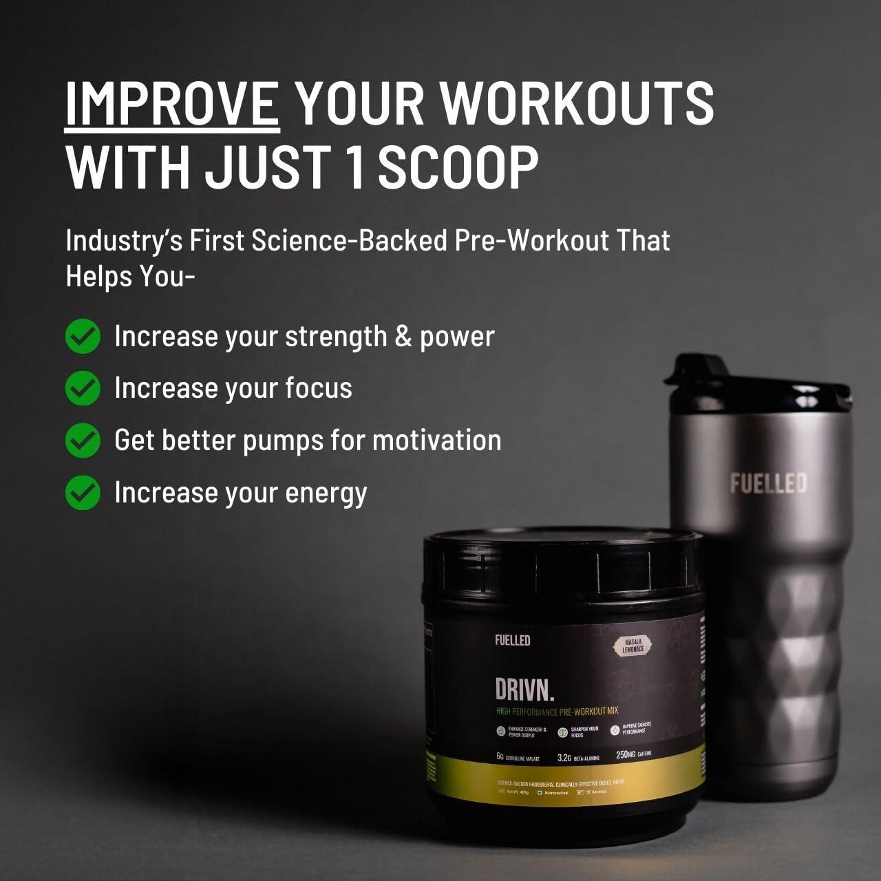 Fuelled Fuelled DRIVN Pre-Workout (483 g, 30 Servings) 3.2 g Beta Alanine 250 mg Caffeine, 6 g Citrulline Malate/Improve Exercise Performance, Focus, Strength and Endurance (Masala Lemonade)