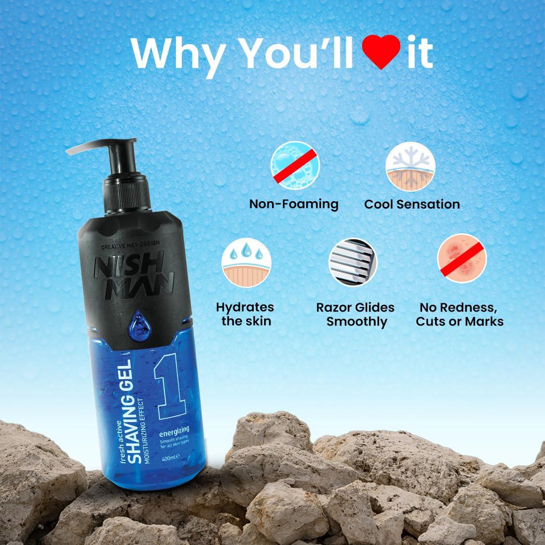 nishman Nishman Fresh Active Energizing Non Foaming Shaving Gel | Smooth Shaving | Ultra Sensitive Formula | All Skin Type | Vegan, No Sulfates, Parabens or Silicones | 400 ML