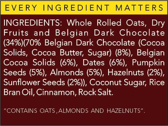 thenibblebox thenibblebox Belgian Dark Chocolate Granola 500g, Jar [34% dry fruits, Gluten free, Plant based/Vegan friendly, No preservatives/additives]