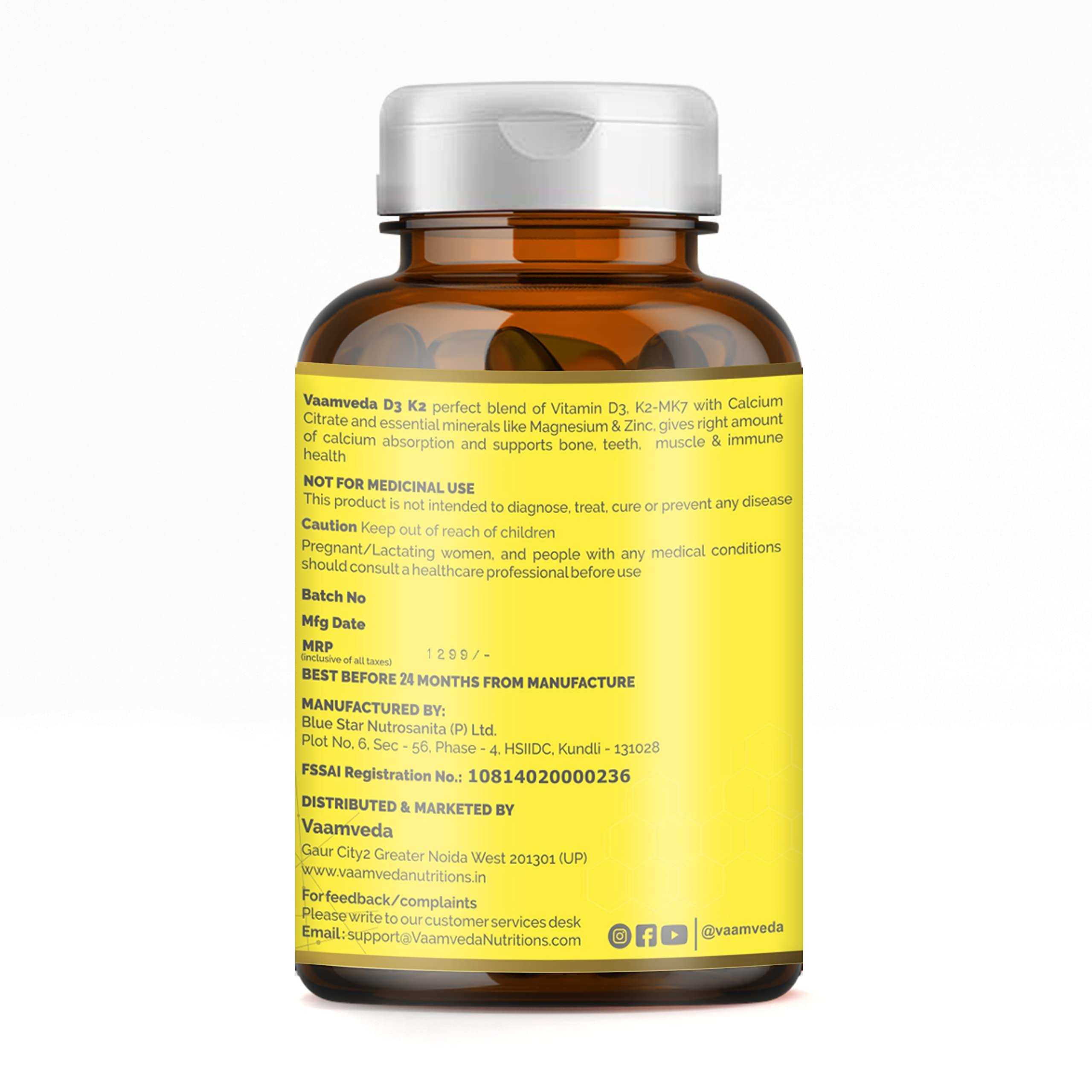 Vaamveda Vaamveda Advanced Calcium Tablets for Women and Men -Calcium Magnesium Zinc Vitamin D3, Calcium Citrate for Strong Bone, Joint Support - 1000mg Calcium and Vitamin D3 Tablets, 60 Veg Tab