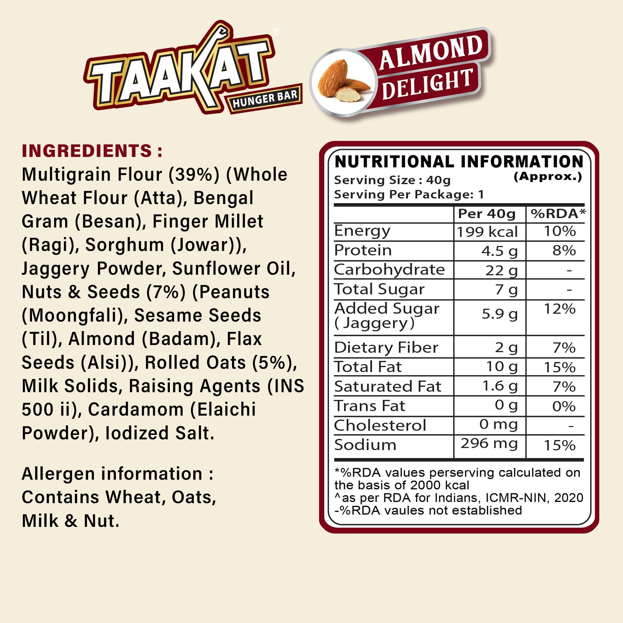 Taakat Hunger Bar Taakat Hunger Bar - Assorted Box of 20 bars (10 bars of Almond Delight, 5 bars of Namkeen Masti and 5 bars of Crunchy Coconut) | Multigrain | Nuts & Seeds | Pure Jaggery | Source of Protein & Fiber | No Maida | No Palm Oil | No Refined Sugar | Baked