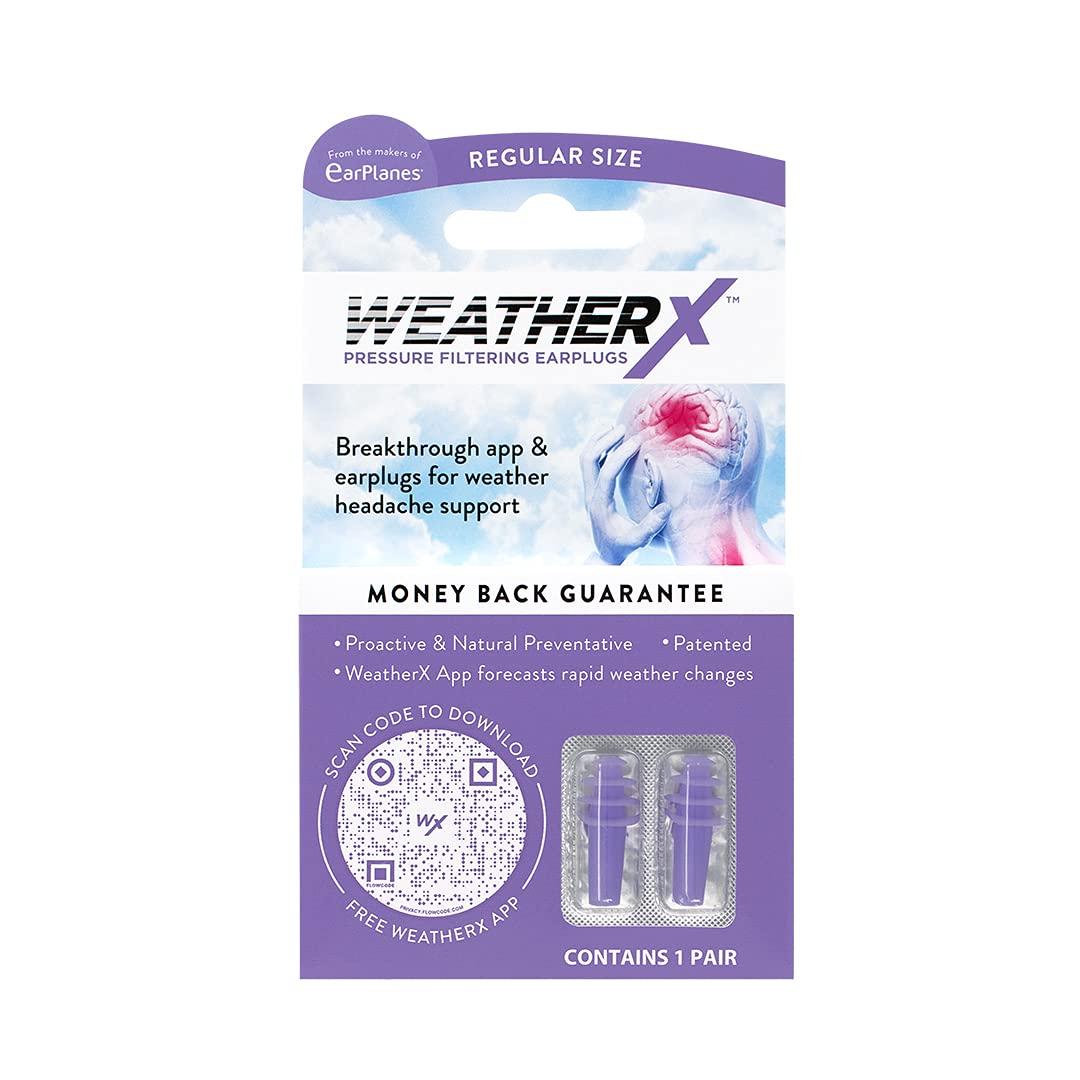 WeatherX WeatherX Headache Prevention Pressure Filtering Earplug for Shifts in Barometric Weather Pressure, Download Free Alert app (Regular 1 PK)