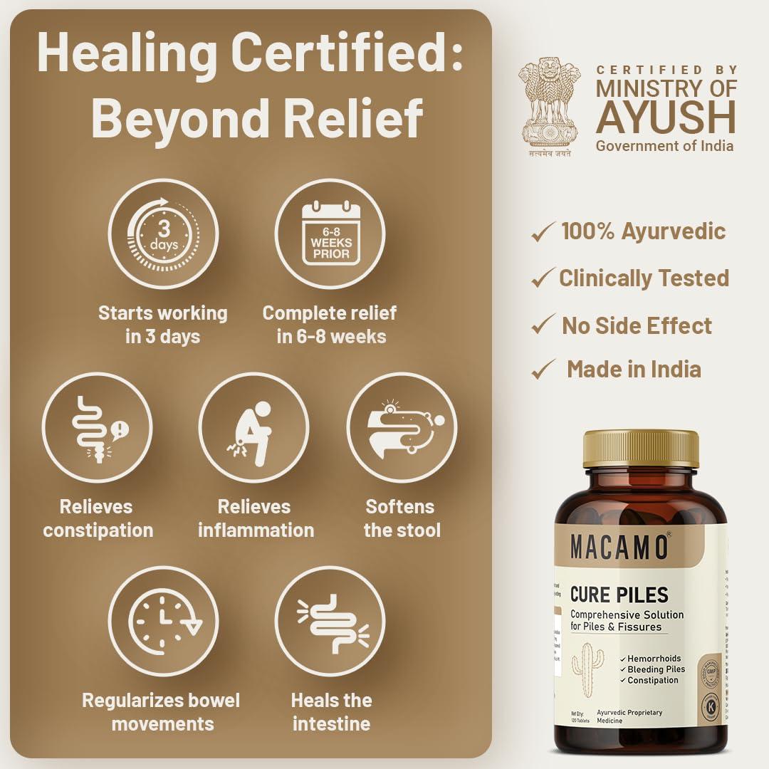 MACAMO MACAMO Cure Piles Tablets & Spray, Comprehensive Solution for Hemorrhoids and Fissures, GMP Approved (120 Tabletes)