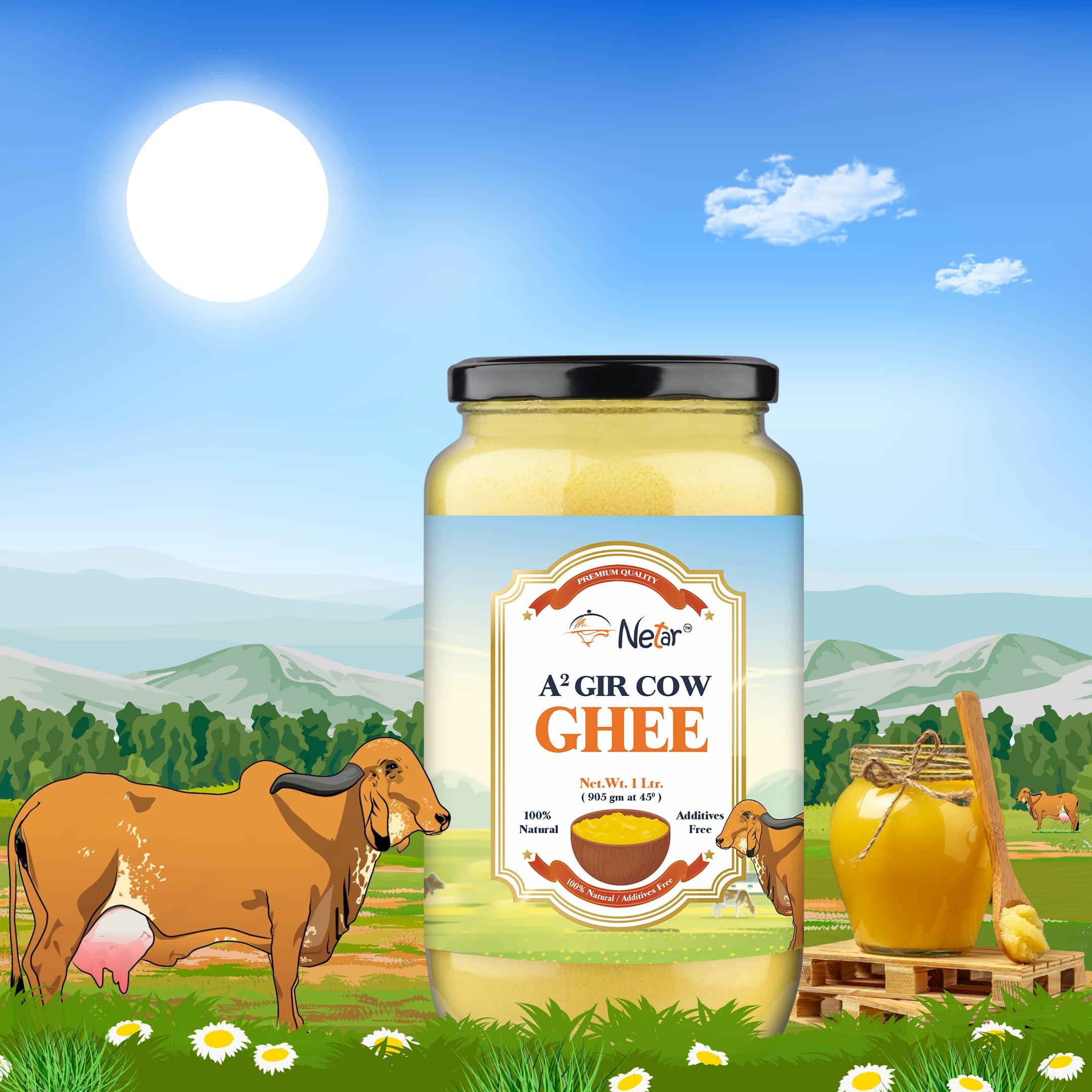NETAR Netar Pure A2 Gir Cow Ghee 1 Ltr (Pack Of 2) | Vedic Bilona Two Way Hand Churned | Indiand Gir Cow Ghee, Natural & Healthy,| No Added Colour and Preservatives, | 1 Litre (Jar Pack Of 2).