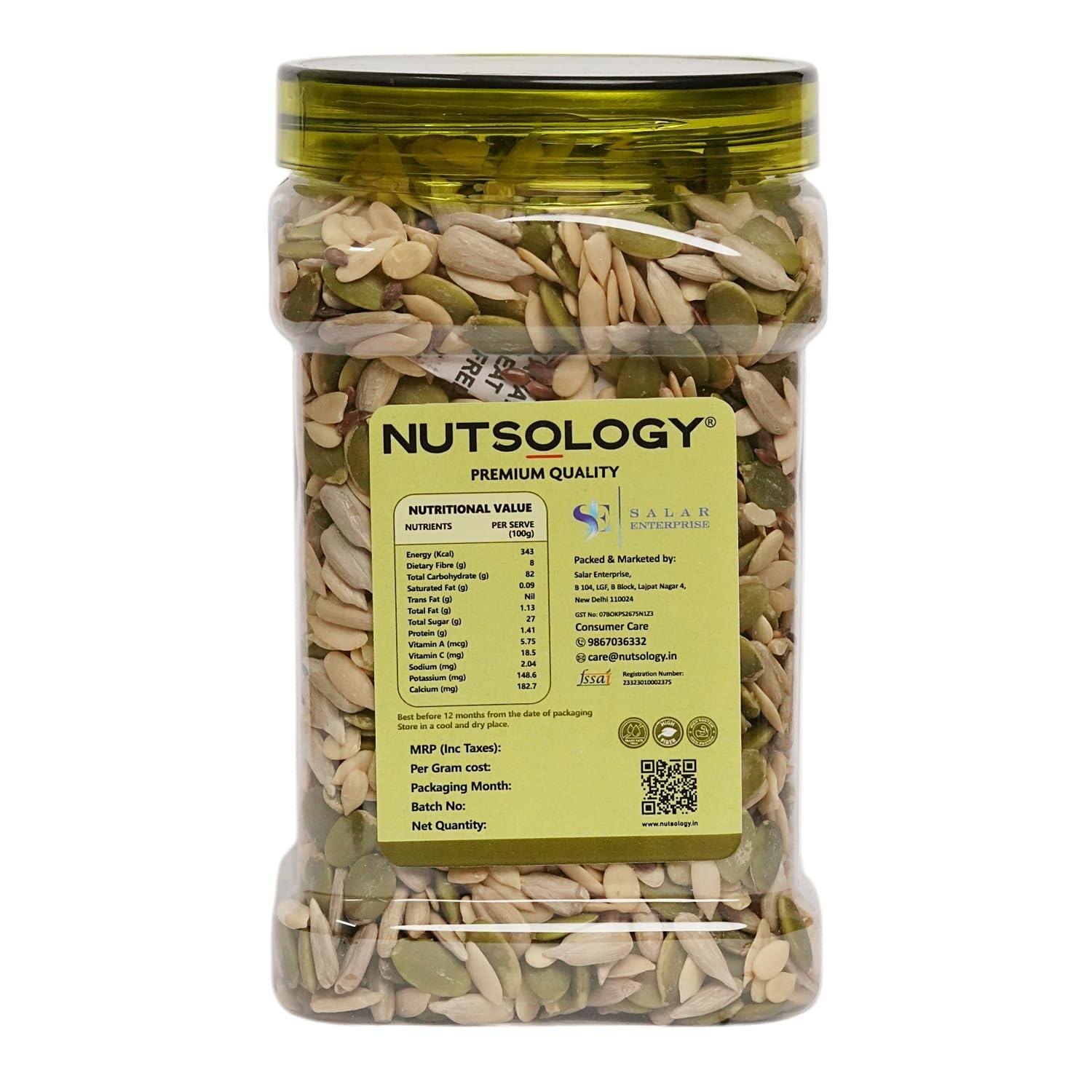 NUTSOLOGY Nutsology Premium Mix Seeds | 500g | 5 in 1 | Roasted Pumpkin, Flax & Sunflower Seed + Raw Watermelon & Muskmelon/Kharbuja Seeds | Healthy