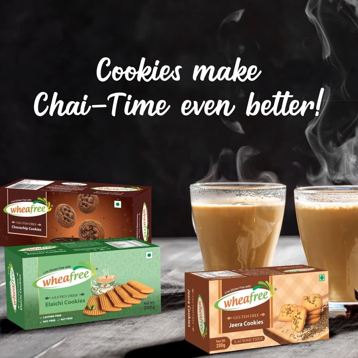 wheafree Wheafree Gluten Free Cookies Combo Chocochip Cookies + Jeera Cookies + Elaichi Cookies (Pack of 3) | 600g | Best Tea Time Snacks | Nutritious | 100% Vegetarian