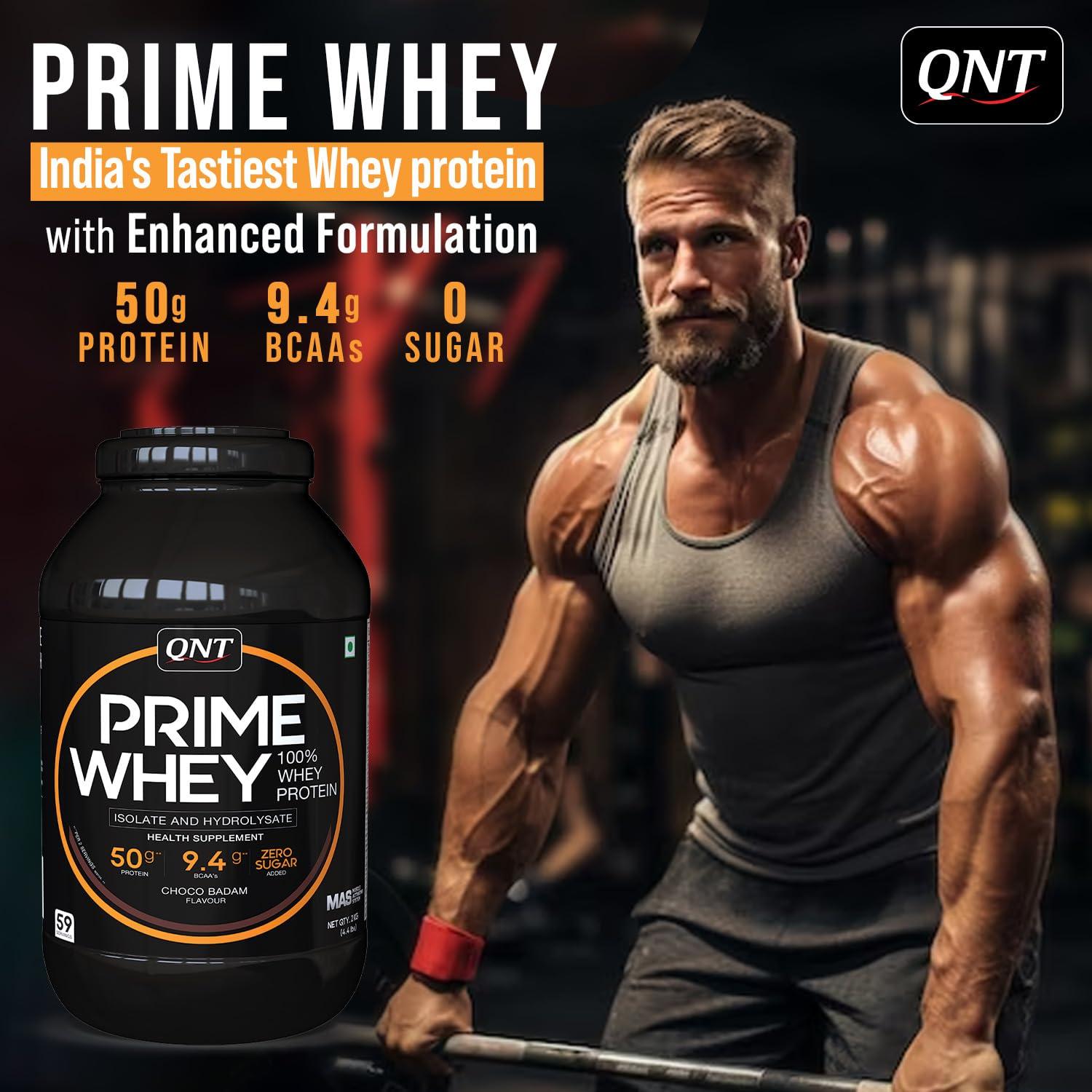 QNT QNT Prime Whey Protein Powder | Kesar Kaju Pista, 500 gm | Triple Blend of Whey Isolate, Concentrate & Hydrolysate | 25g Protein, 5.6g BCAA per Scoop | Best Whey Protein Powder for Men & Women