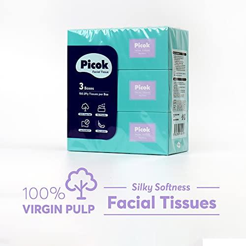 Picok Picok Silky Soft Facial Tissues (150 X 3box), Silky Touch,100% Natural Virgin Pulp, Made in Korea
