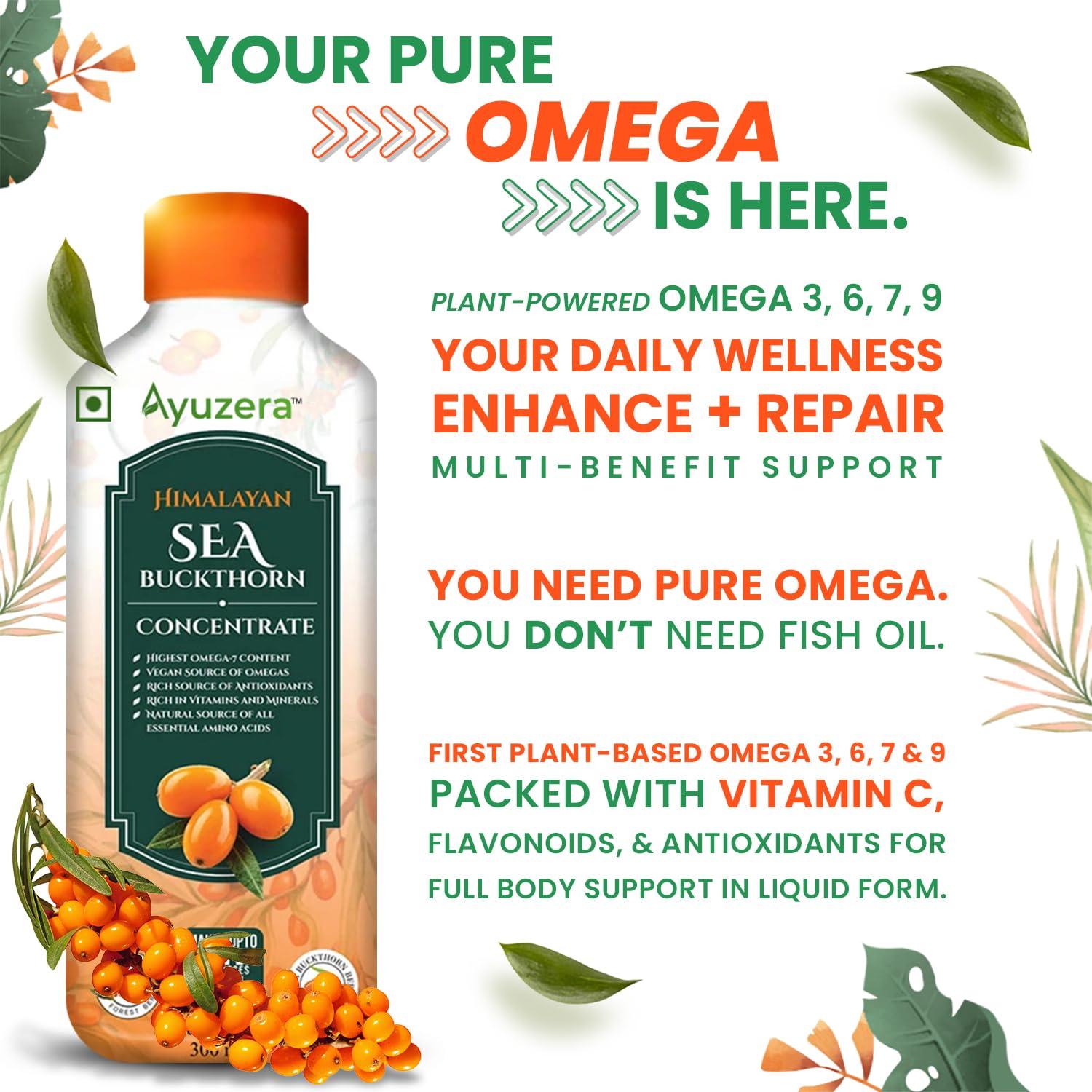 Ayuzera Ayuzera Himalayan Sea Buckthorn Pulp 300ml | Plant Based Vegan Omega 3, 6, 7 and 9 | Vegetarian Liquid Supplements | No Fish Oil | Veg, Natural & Organic | Makes up to 50 Glass Juice | Rich in Omega 7, Antioxidants, Vitamins (300ml, Pack Of 1)