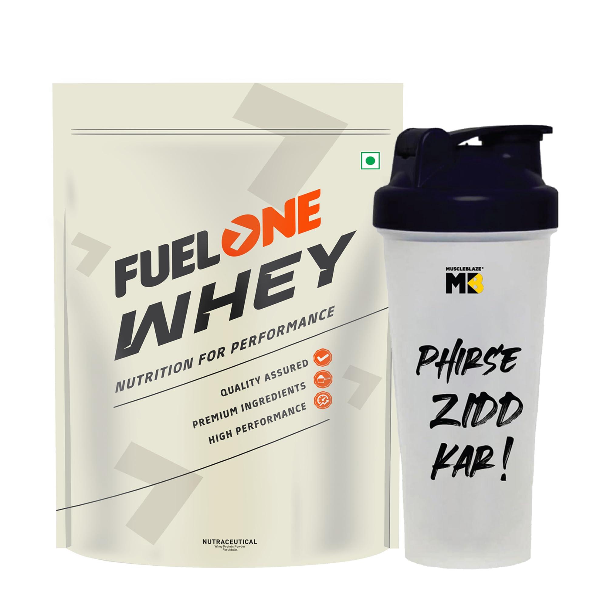 MuscleBlaze FUELONE Whey Protein (Chocolate, 1kg / 2.2lbs) with Shaker, 650ml | Combo Pack | 24g Protein | 5.29g BCAA, 4.2g Glutamic Acid
