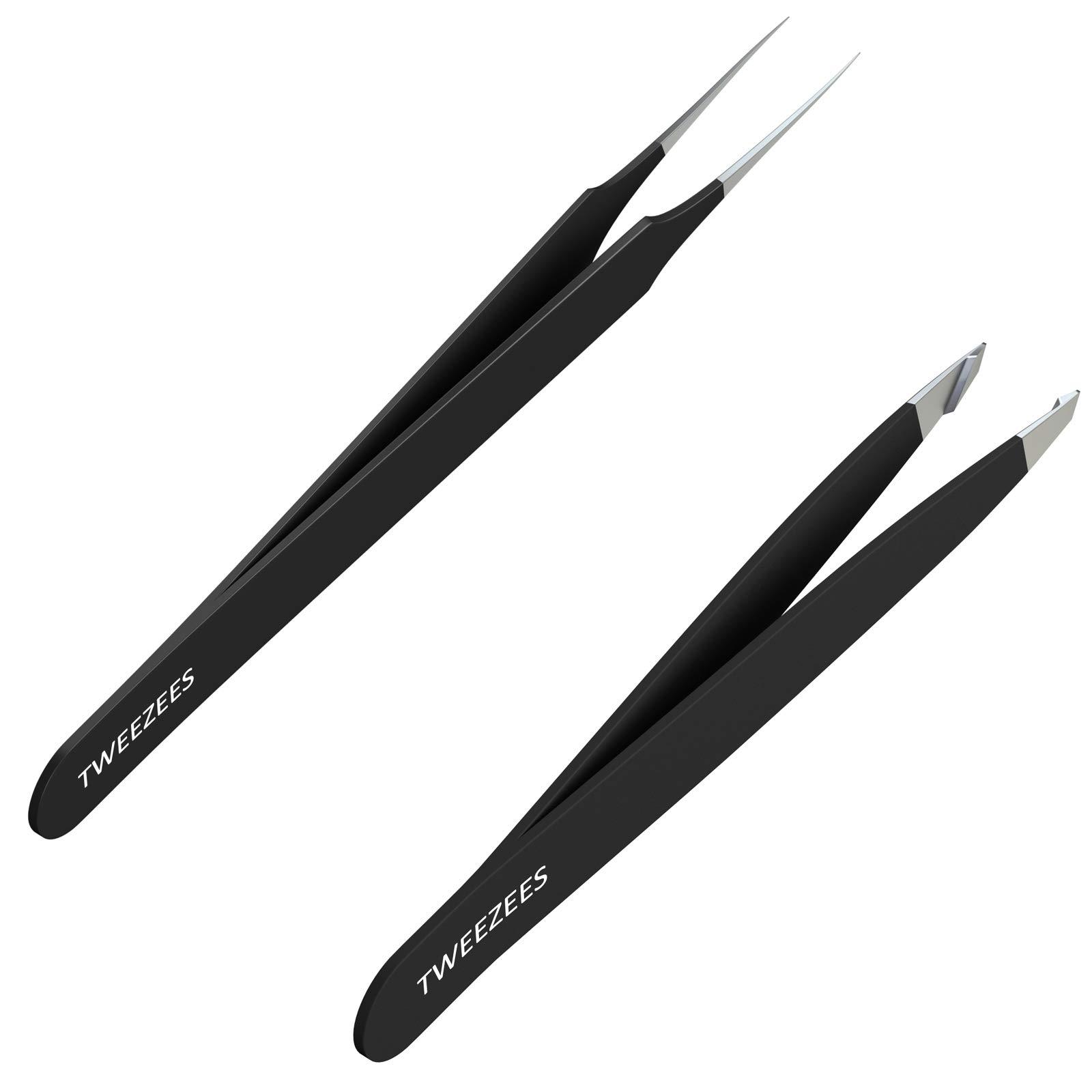 Tweezees Tweezees Precision Black Stainless Steel Tweezers | Professional Slant Tip & Splinter Tip Tweezer For Eyebrows | Extra Sharp Hair Removal Tool | For Eyebrow Shaping | For Men And Women