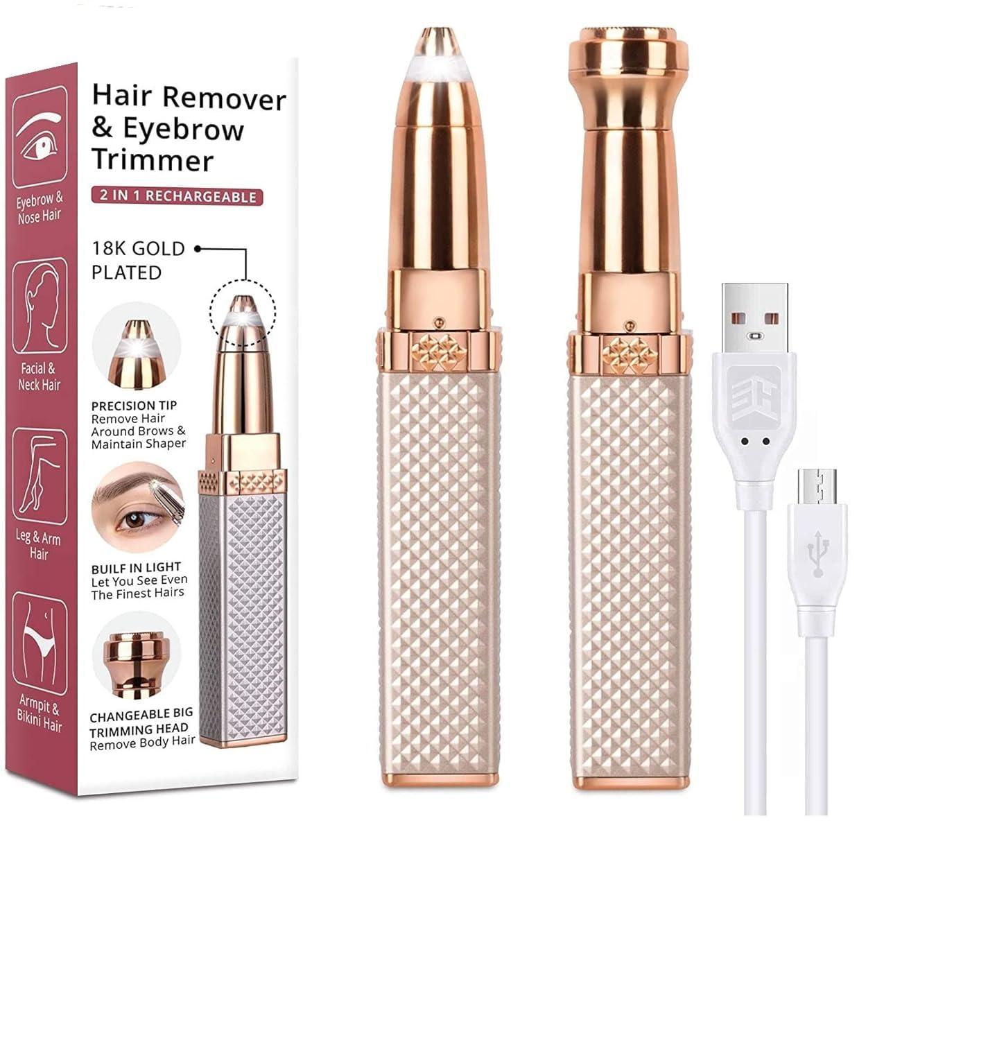 ENINAS ENINAS Eyebrow Trimmer for Women, 2 in 1 Rechargeable Facial Hair Remover with Replaceable Heads, Professional Painless Personal Hair Removal Eyebrow Razor with Indicator Lights, (Rose Gold)